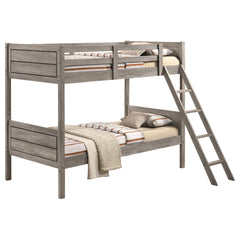 Clemens Weathered Taupe Wood Twin Over Twin Bunk Bed with Mattress