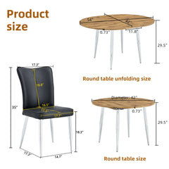 Table and chair set.With a Expandable mechanism,the Wood Grain MDF table top and silver metal legs and has a smooth surface.Paried With 4 Black PU Chairs with a vertical stripe design on the backrest.