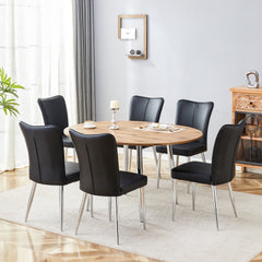 Table and chair set.With a Expandable mechanism,the Wood Grain MDF table top and silver metal legs and has a smooth surface.Paried With 6 Black PU Chairs with a vertical stripe design on the backrest.