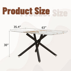 63"x35.4" Luxurious White Marble-Patterned Tempered Glass Dining Table.Single Fork Black Metal Table Legs.Tempered Glass Table Top,Black Metal Leg.Make it Adaptable To Various Styles.W1151S03299