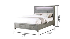 Kenzo Modern Style King Bed Made with Wood & LED Headboard with bookshelf in Gray