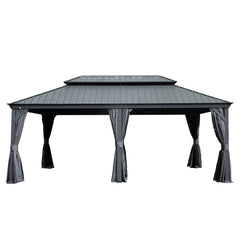 12' X 18' Hardtop Gazebo, Upgraded Metal Gazebo with Drainage System, Dual-Layer Galvanized Steel Roof, Curtain and Netting, Outdoor Shelter Canopy for Patio, Garden, and Backyard, Grey