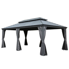 12' X 18' Hardtop Gazebo, Upgraded Metal Gazebo with Drainage System, Dual-Layer Galvanized Steel Roof, Curtain and Netting, Outdoor Shelter Canopy for Patio, Garden, and Backyard, Grey