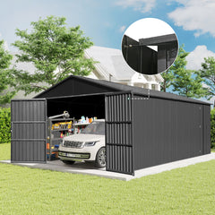 12x15FT Outdoor Metal Garage Shed, Extra Large Metal Carport with Lockable Double Hinged Doors, Heavy Duty Car Shelter for Car, Truck, Motorcycle and Lawn Equipment, Dark Grey