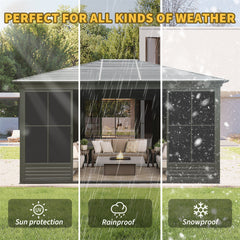 12x14FT Outdoor Sunroom, Galvanized Steel Hardtop Enclose Gazebo Sloping Roof, All Weather Aluminum Solarium Screen House for Patio Deck Backyard with Lockable Door, Moveable PC Screen
