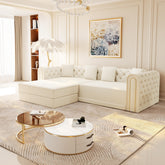 90.6" 3-in-1 Convertible Sleeper Sofa,Elegant Modern Couch with Button Tufted and Gold Edge Trim,3-Seater Couch with Movable Ottoman for Living Room,Apartment,Office,Bedroom,Beige/White