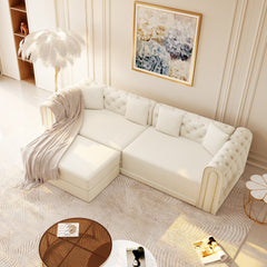 90.6" 3-in-1 Convertible Sleeper Sofa,Elegant Modern Couch with Button Tufted and Gold Edge Trim,3-Seater Couch with Movable Ottoman for Living Room,Apartment,Office,Bedroom,Beige/White