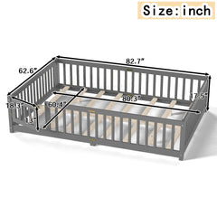Queen Size Bed Floor Bed with Safety Guardrails and Door for Kids, Gray