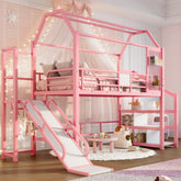 Twin House Loft bed with Slide and Stairs, Metal Playhouse Bed with Storage Shelves, House-shaped Roof and Noise-free Design, Pink