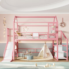 Full House Loft bed with Slide and Stairs, Metal Playhouse Bed with Storage Shelves, House-shaped Roof and Noise-free Design, Pink