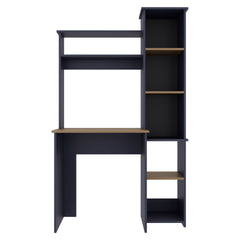Navy Blue and Natural Oak Computer Desk with Hutch and Side Bookshelf