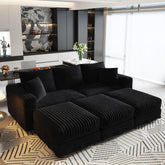 82.7 "Plush Corduroy 3-Seat Sofa,Modern Comfy Upholstered Sofa Cloud Couch,Deep Seat Couches with Soft Pillows and 3 Ottomans,Convertible Sofa Lounge Chair,Black(Old SKU:W1885S00160)