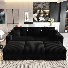 82.7 "Plush Corduroy 3-Seat Sofa,Modern Comfy Upholstered Sofa Cloud Couch,Deep Seat Couches with Soft Pillows and 3 Ottomans,Convertible Sofa Lounge Chair,Black(Old SKU:W1885S00160)