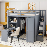 Full Size Loft Bed with Wardrobe,Desk and Shelves,Gray(OLD:LT000679AAE)