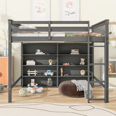 Full Size Loft Bed with 8 Open Storage Shelves and Built-in Ladder, Antique Grey