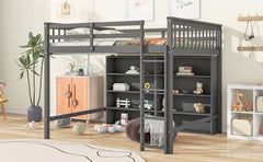 Full Size Loft Bed with 8 Open Storage Shelves and Built-in Ladder, Antique Grey