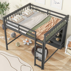 Full Size Loft Bed with 8 Open Storage Shelves and Built-in Ladder, Antique Grey