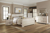 Imerland Contemporary White Wash Finish Bedroom Set with King Sleigh Bed, Dresser, Mirror, Two Nightstands, Chest