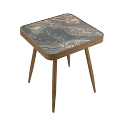 17.3x17.3x18" Square Side Table with Glass Top, Marbled Design, and Gold Iron Legs