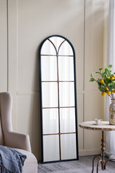 23.5x74.5" Arched Floor Mirror with Black and Gold Windowpane Design