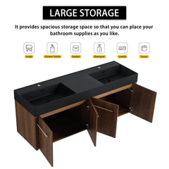 60 Inch Wall-Mounted Bathroom Vanity with Sink, Thick Edged Double Black Resin Sink, KD-Package