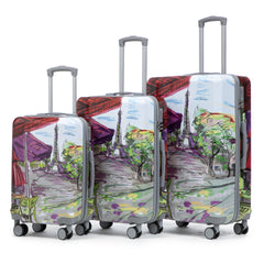 20"/24"/28" 3 pcs/set in PC Spinner Wheel Luggage, Carry on Suitcase, With Printed pattern and Combination Lock (Coffee+Iron Tower)
