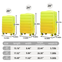 20"/24"/28" 3 pcs/set in PC Spinner Wheel Luggage, Carry on Suitcase, With Gradient Color and Combination Lock(Yellow+Green)