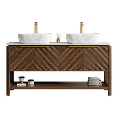 INDIGO 60" Bathroom Vanity&Sinks, Freestanding Plywood Storage Cabinet with 4 Diagonal Striped Doors&Open Shelf, 2 Marble Pattern Ceramic Basins&Carrara White Sintered Stone Top, Dark Walnut Woodgrain