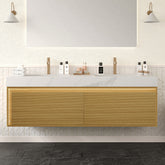 NYAH 60'' Bathroom Vanity&Sinks, Floating Ultra-Slim Grille Plywood Storage Cabinet, Drawers&Sensor Light, Carrara White Sintered Stone Top&2 Ceramic Undermount Basins, Pre-assembled, Light Woodgrain