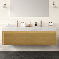NYAH 60'' Bathroom Vanity&Sinks, Floating Ultra-Slim Grille Plywood Storage Cabinet, Drawers&Sensor Light, Carrara White Sintered Stone Top&2 Ceramic Undermount Basins, Pre-assembled, Light Woodgrain