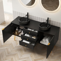 GEMA 60" Bathroom Vanity & Sink, Freestanding Plywood Storage Cabinet with 4 Gold Legs, 3 Drawers and 2 Doors, 2 Transparent Black Round Glass Basins & Black Sintered Stone Top, Pre-assembled, Black