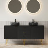 GEMA 60" Bathroom Vanity & Sink, Freestanding Plywood Storage Cabinet with 4 Gold Legs, 3 Drawers and 2 Doors, 2 Transparent Black Round Glass Basins & Black Sintered Stone Top, Pre-assembled, Black