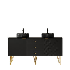 GEMA 60" Bathroom Vanity & Sink, Freestanding Plywood Storage Cabinet with 4 Gold Legs, 3 Drawers and 2 Doors, 2 Transparent Black Round Glass Basins & Black Sintered Stone Top, Pre-assembled, Black