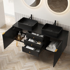 GEMA 60" Bathroom Vanity with Sinks, Freestanding Plywood Storage Cabinet with 4 Gold Legs, 3 Drawers and 2 Doors, 2 Black Cermaic Vessel Basins & Black Sintered Stone Top, Pre-assembled, Black