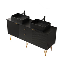 GEMA 60" Bathroom Vanity with Sinks, Freestanding Plywood Storage Cabinet with 4 Gold Legs, 3 Drawers and 2 Doors, 2 Black Cermaic Vessel Basins & Black Sintered Stone Top, Pre-assembled, Black
