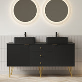 GEMA 60" Bathroom Vanity with Sinks, Freestanding Plywood Storage Cabinet with 4 Gold Legs, 3 Drawers and 2 Doors, 2 Black Cermaic Vessel Basins & Black Sintered Stone Top, Pre-assembled, Black