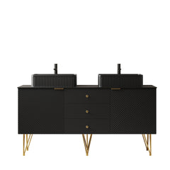 GEMA 60" Bathroom Vanity with Sinks, Freestanding Plywood Storage Cabinet with 4 Gold Legs, 3 Drawers and 2 Doors, 2 Black Cermaic Vessel Basins & Black Sintered Stone Top, Pre-assembled, Black