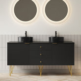 GEMA 60" Bathroom Vanity&Sinks, Freestanding Plywood Storage Cabinet with 4 Gold Legs, 3 Drawers and 2 Doors, 2 Black Stone Pattern Bowl Ceramic Vessel Basins&Sintered Stone Top, Pre-assembled, Black