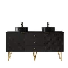 GEMA 60" Bathroom Vanity&Sinks, Freestanding Plywood Storage Cabinet with 4 Gold Legs, 3 Drawers and 2 Doors, 2 Black Stone Pattern Bowl Ceramic Vessel Basins&Sintered Stone Top, Pre-assembled, Black