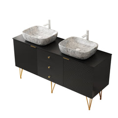 GEMA 60" Bathroom Vanity with Sinks, Freestanding Plywood Storage Cabinet with Gold Legs, 3 Drawers and 2 Doors, 2 White Marble Pattern Ceramic Vessel Basins & Sintered Stone Top, Pre-assembled, Black