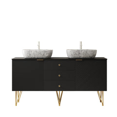 GEMA 60" Bathroom Vanity with Sinks, Freestanding Plywood Storage Cabinet with Gold Legs, 3 Drawers and 2 Doors, 2 White Marble Pattern Ceramic Vessel Basins & Sintered Stone Top, Pre-assembled, Black