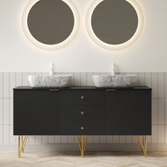 GEMA 60" Bathroom Vanity with Sinks, Freestanding Plywood Storage Cabinet with Gold Legs, 3 Drawers and 2 Doors, 2 White Marble Pattern Ceramic Vessel Basins & Sintered Stone Top, Pre-assembled, Black