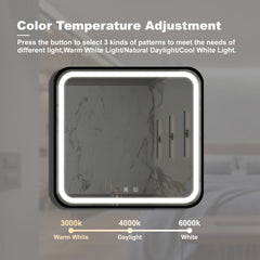 32*32inch Bathroom Led Classy Vanity Mirror with focused backplane,Black aluminum alloy frame,High Lumen,Dimmable Touch,Wall Switch Control, Anti-Fog ,CRI 95 Adjustable 3000K-4500K-6000K ,IP54 Waterpr
