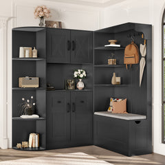 Multifunctional left-right combination hall cabinet (can be used separately) with storage and 4 hooks, storage cabinet/ hall tree 2 in 1 for living room, kitchen and hallway, Black