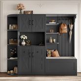 Multifunctional left-right combination hall cabinet (can be used separately) with storage and 4 hooks, storage cabinet/ hall tree 2 in 1 for living room, kitchen and hallway, Black