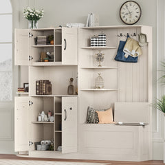 Multifunctional left-right combination hall cabinet (can be used separately) with storage and 4 hooks, storage cabinet/ hall tree 2 in 1 for living room, kitchen and hallway,antique Beige