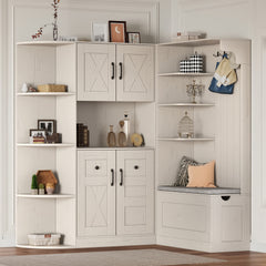 Multifunctional left-right combination hall cabinet (can be used separately) with storage and 4 hooks, storage cabinet/ hall tree 2 in 1 for living room, kitchen and hallway,antique Beige