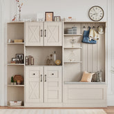 Multifunctional left-right combination hall cabinet (can be used separately) with storage and 4 hooks, storage cabinet/ hall tree 2 in 1 for living room, kitchen and hallway,antique Beige