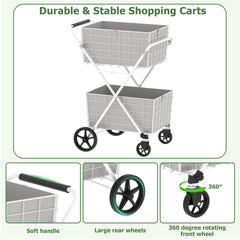 Extra Jumbo Shopping Cart,2 Layers Grocery Cart on Wheels, Foldable Utility Shopping Carts with Double Basket and 360° Rolling Swivel Wheels for Groceries Laundry, White