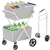 Extra Jumbo Shopping Cart,2 Layers Grocery Cart on Wheels, Foldable Utility Shopping Carts with Double Basket and 360° Rolling Swivel Wheels for Groceries Laundry, White